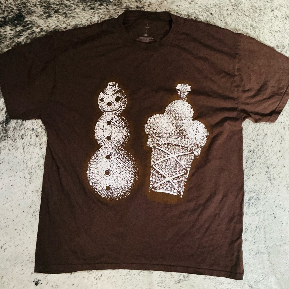 Men's Cactus Jack Brown Tee with Snowman and Ice Cream Graphic